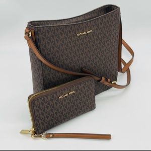 Michael Kors Large Messenger Crossbody Bag & Phone Case Wallet Brown Leather